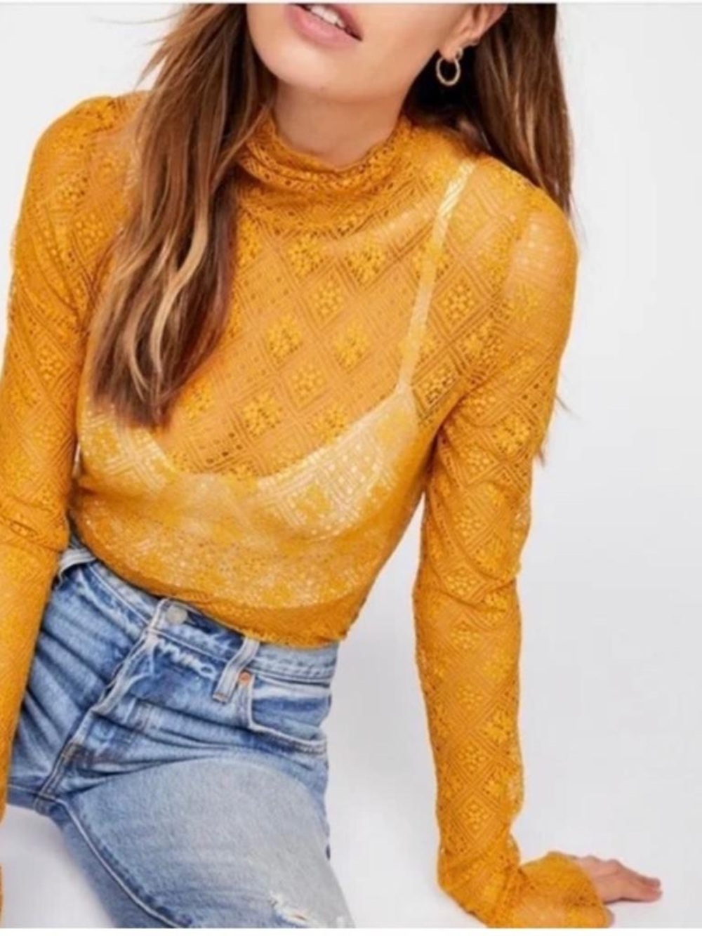 Intimately Free People Sweet Memories Sheer Lace Turtleneck Mustard Yellow XS